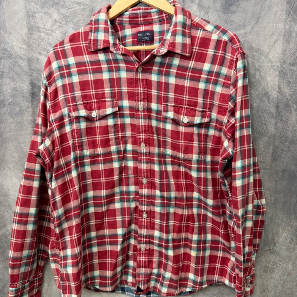 UNTUCKit Mens XL Red Plaid Long Sleeve Button Down Cotton Shirt Pocket